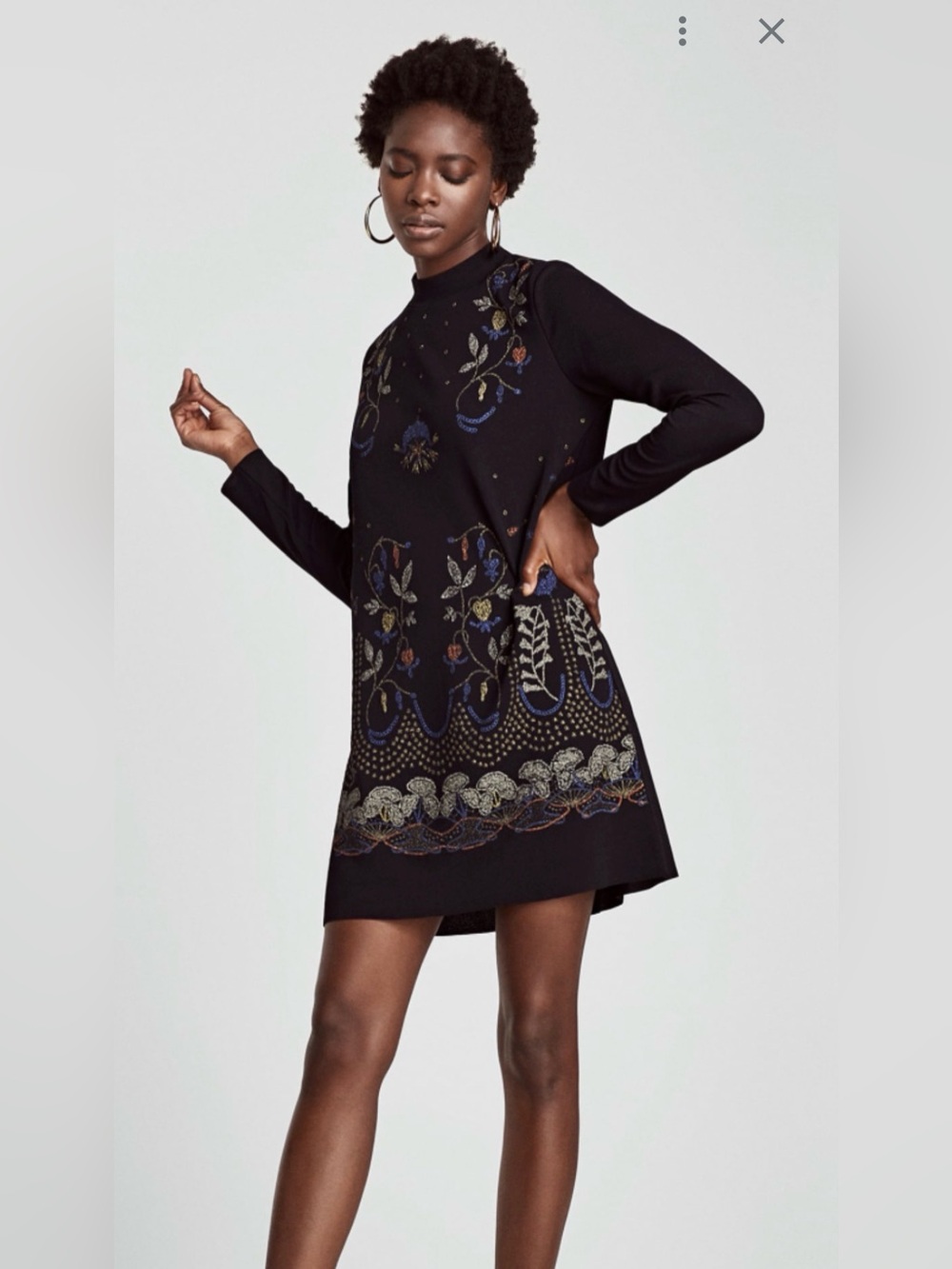 Zara Black Long-Sleeve Tunic Dress with Blue and Gold Floral Motifs - Picture 6 of 7